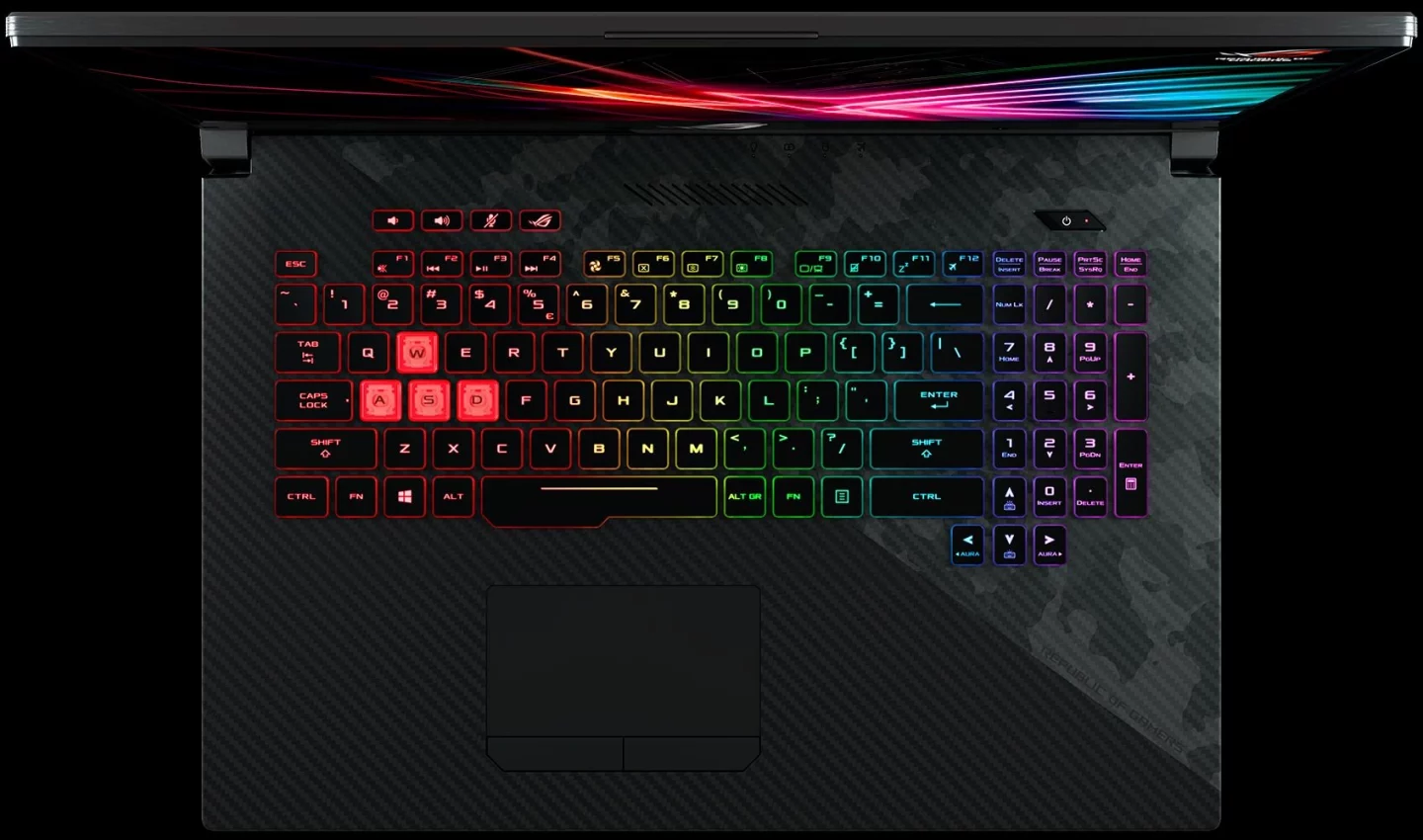 The Strix SCAR II (GL704) sports a desktop-style RGB backlit keyboard with an overstroke feature, which actuates on half-press keystrokes for improved response times