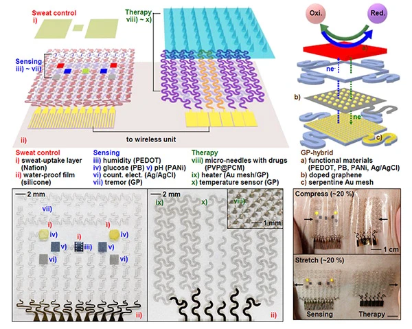 Schematic and corresponding images of the graphene-hybrid electrochemical devices and thermoresponsive drug delivery microneedles