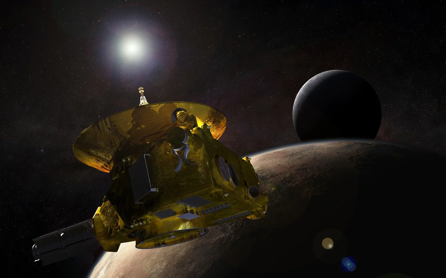 An artists' impression of New Horizons over Pluto with Charon in the background