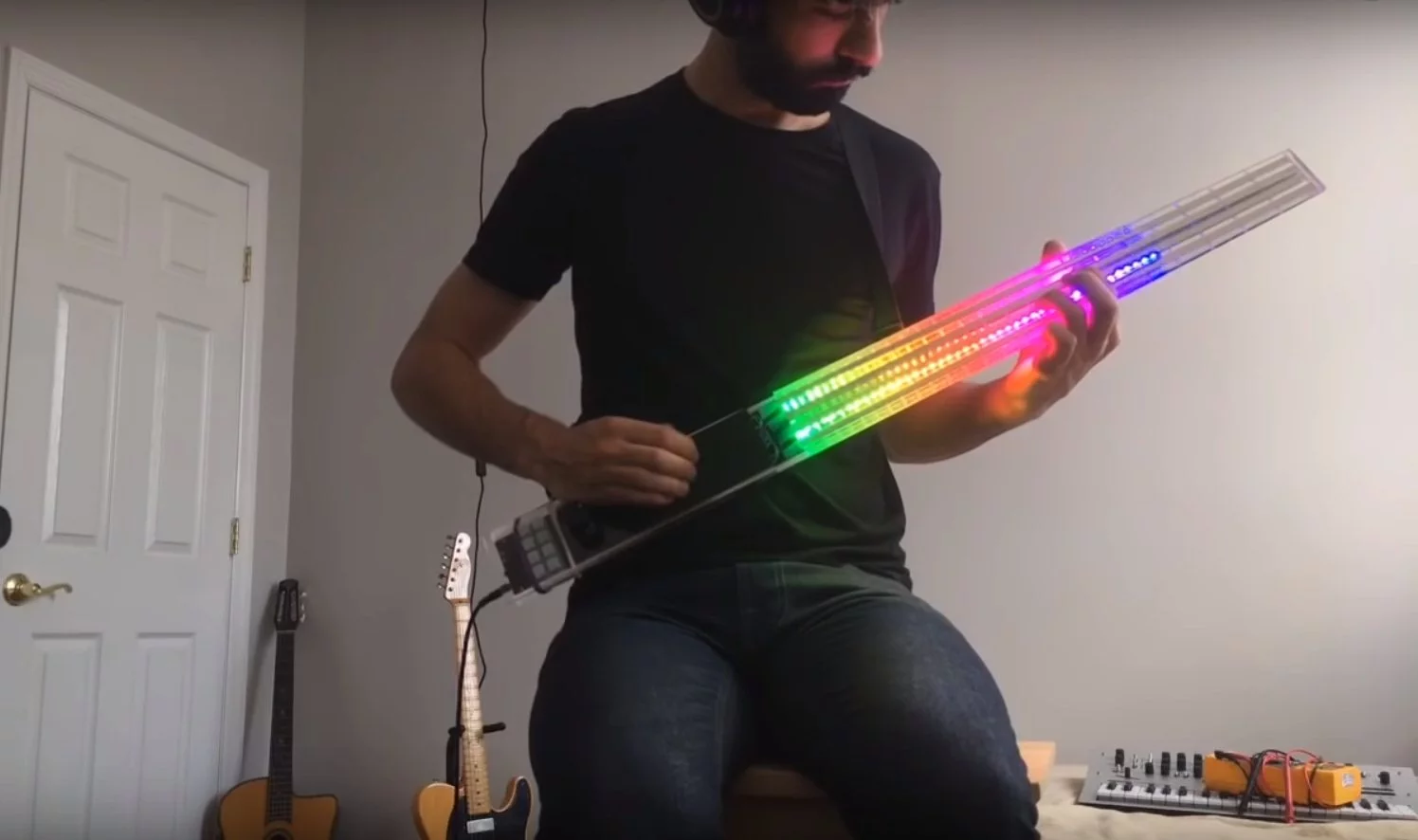 The FM Synth Bass has 120 addressable LEDs embedded in the neck