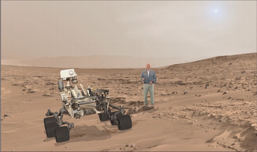 Along with Hines, astronaut Buzz Aldrin guides virtual visitors through a Martian landscape created from images and data sent back from the Curiosity rover