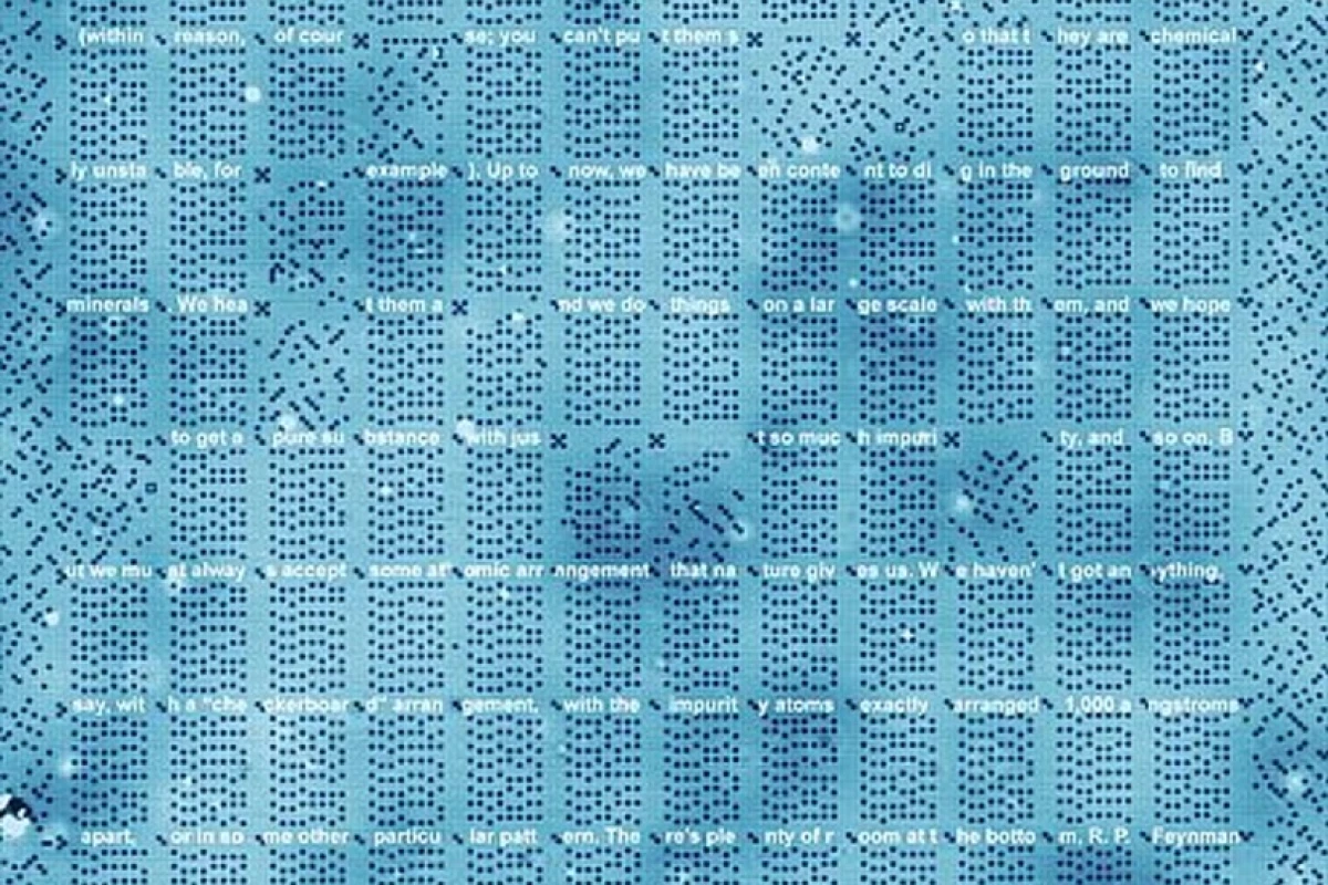 STM scan (96 nm wide, 126 nm tall) of the 1 kB memory, written to a section of Feynman’s lecture There’s Plenty of Room at the Bottom