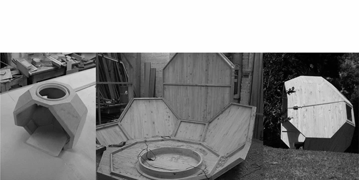 Taking on an honeycomb shape, the wooden framed pod has a sturdy structure that is designed to withstand the elements.