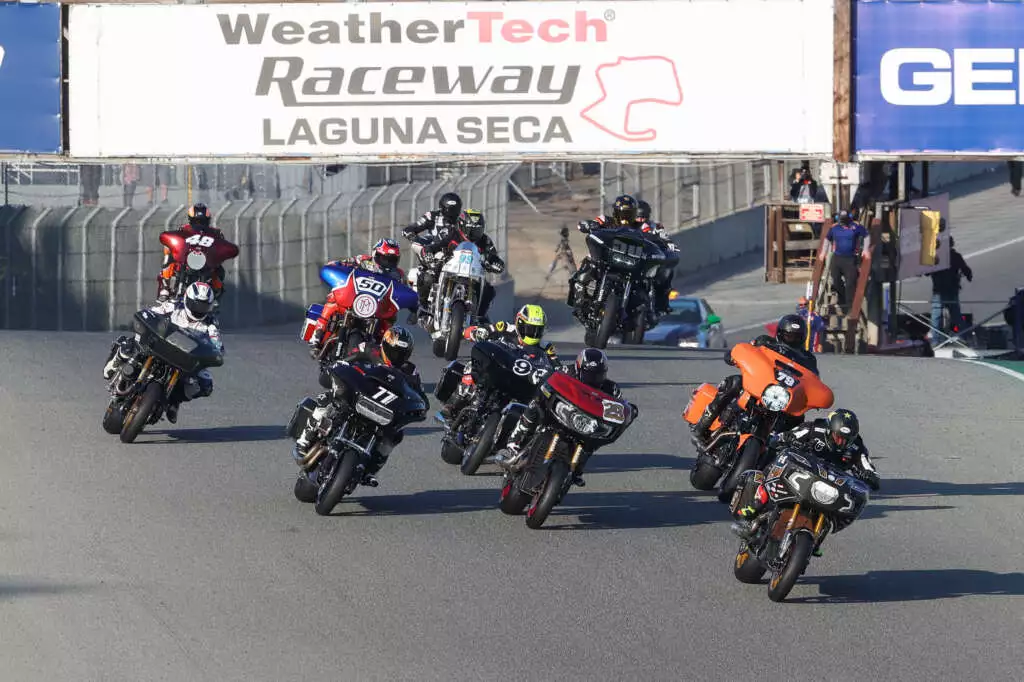 A grid full of giant V-Twin cruisers with some serious cats behind the bars faced off at Laguna Seca on Saturday for the first King of the Baggers race