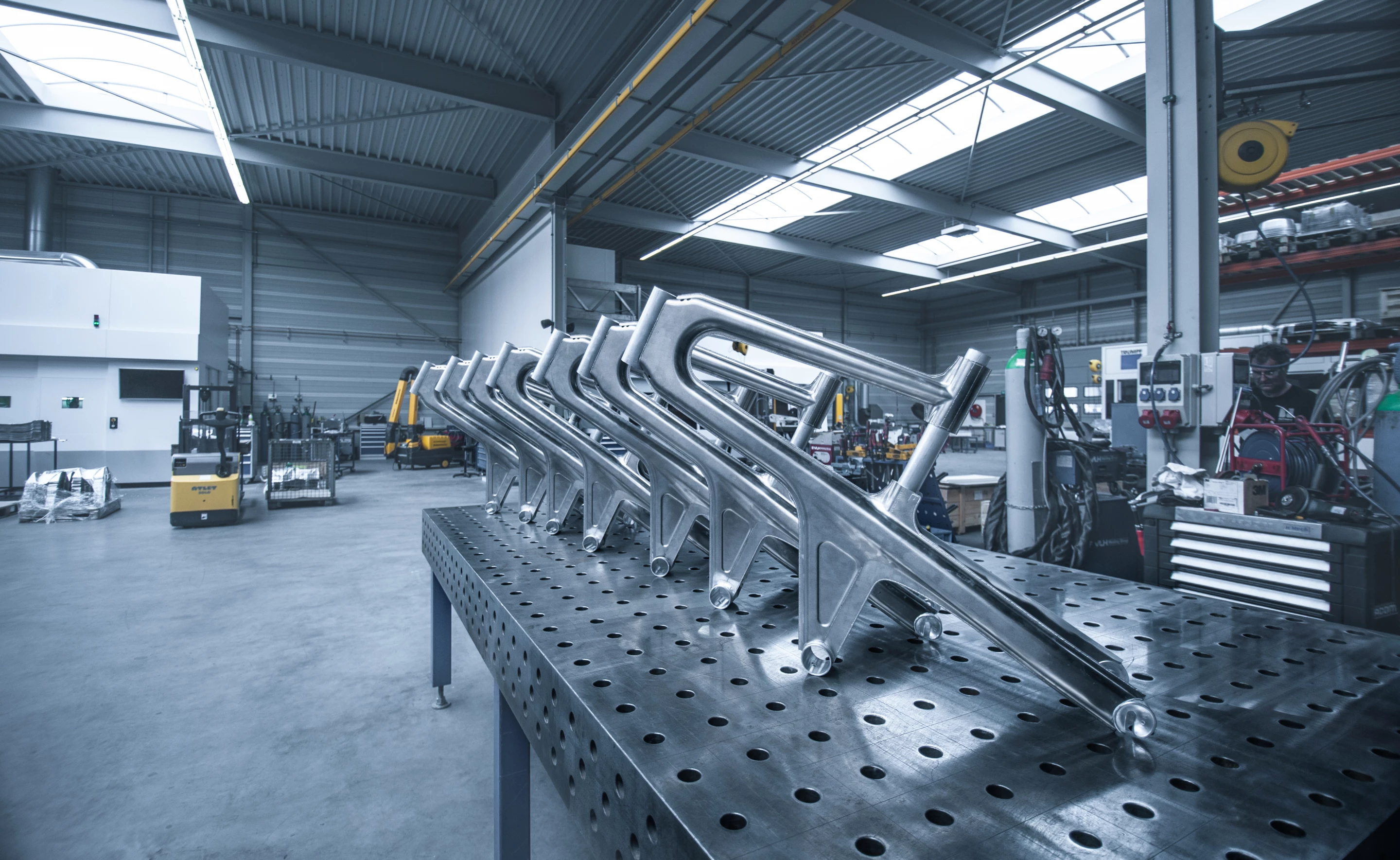 The Delta S frame is made by pressing sheets of aluminum into shape, before being joined together by a robot laser welder