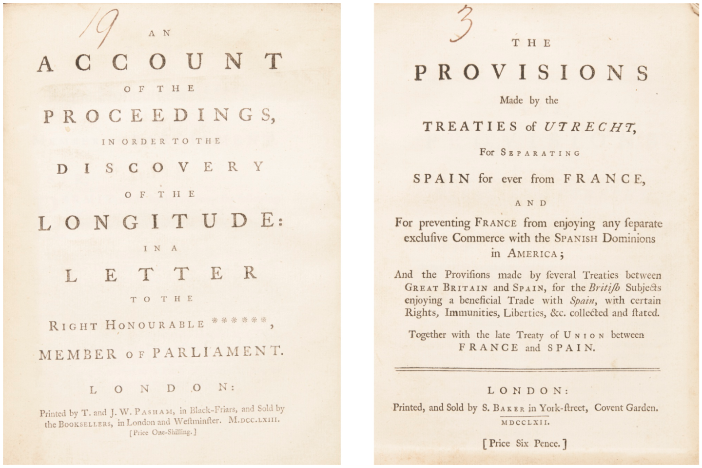 The bound volume of pamphlets sold for £137,500 ($174,400) against an estimate of £30,000 to £50,000 at Sotheby's English Literature, History, Children's Books and Illustrations sale on 13 December, 2016. The volume includes a number of historically significant pamphlets, including "An Account of the Proceedings, in order to the Discovery of the Longitude" and "The Provisions made by the Treaties of Utrecht for separating Spain for ever from France."
