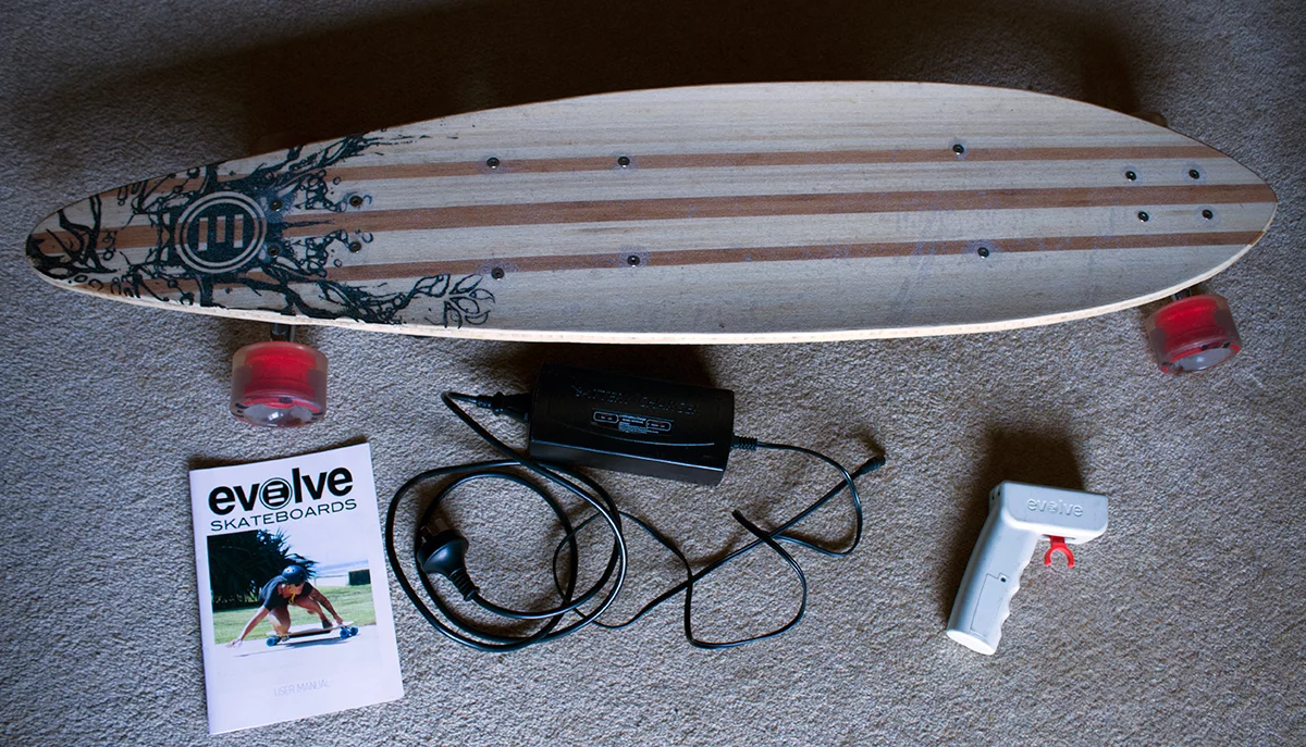 The Evolve electric skateboard comes with charger, remote and instructions