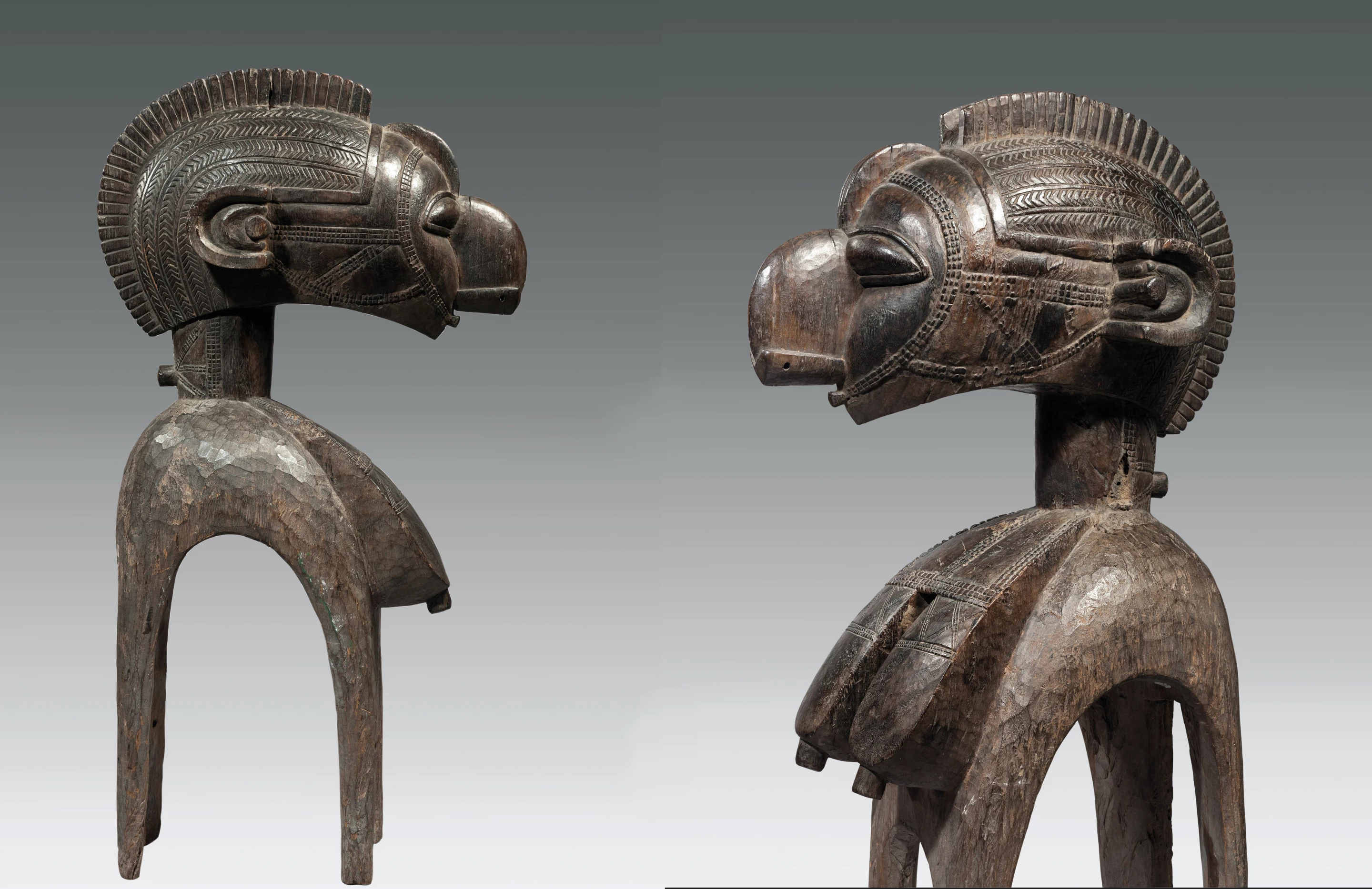 The fiercely independent Baga tribe lives in north-western Guinea, characterised by long-standing ritual, and some magnificent artistic output. This is a Baga shoulder mask, and it's much bigger than it looks at 130 cm (51 inches) tall - the holes for the wearer's eyes are near the breasts of the mask. It sold at Christie's in 2015 for EUR 2,393,500 (USD $2,683,592). Picasso was a huge fan of Baga art, and owned a similar mask.