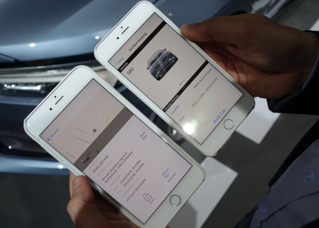 Checking out the Volvo app at the Mobile World Congress