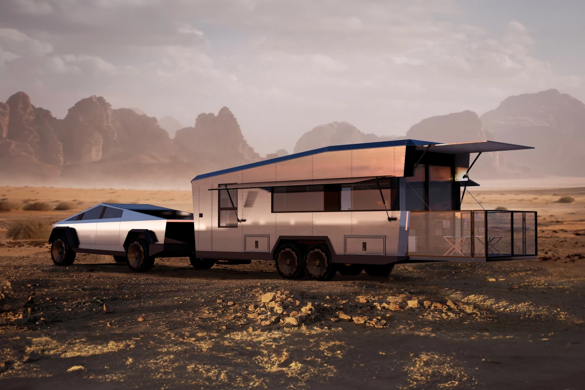 The Living Vehicle Cybertrailer includes deployable solar-topped window and deck awnings for up to 5,000 watts of charging