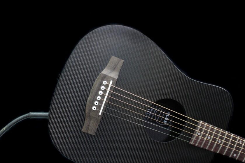 The Klos travel electro-acoustic mini dreadnought has a carbon fiber body with spruce-backed sound board