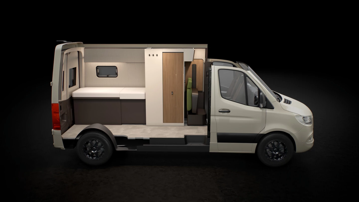 After folding up the dining table, sliding the bench forward and folding up the seat, the bathroom compartment slides forward separately to expand the bed into a proper length