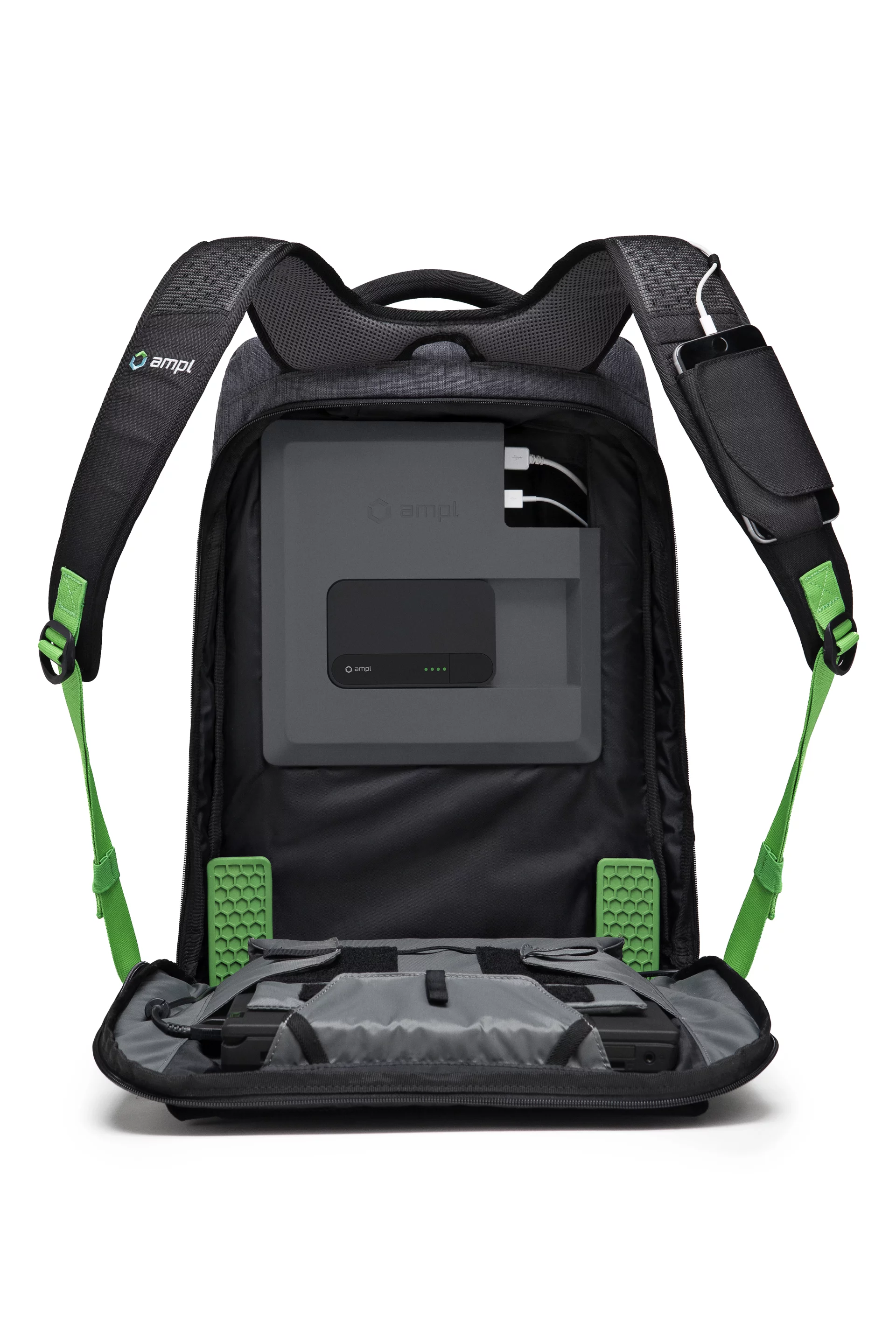The electronic charging system is seamlessly integrated into the pack
