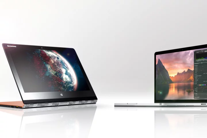 Gizmag compares the specs and features of the Lenovo Yoga 3 Pro (left) and Apple MacBook Pro with Retina Display