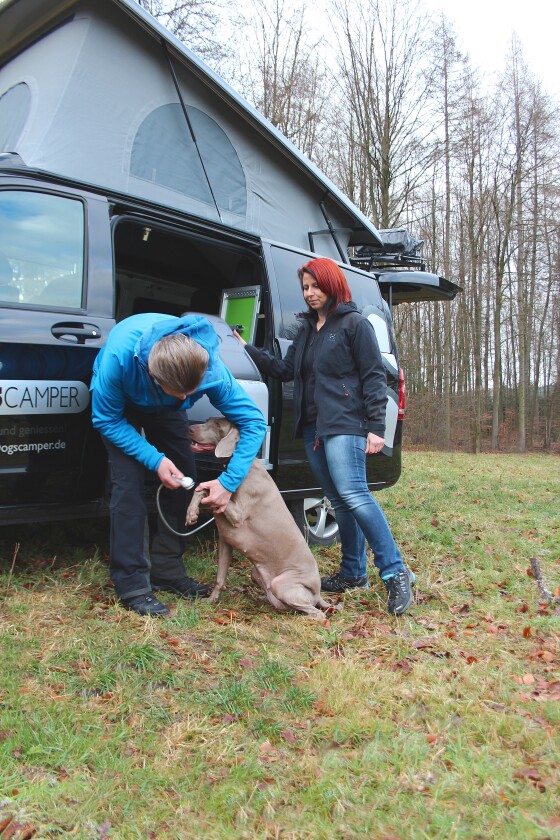 The Dogscamper's sink doubles as a spray cleaner for the dog