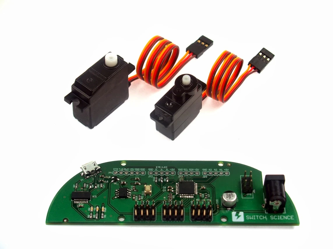RAPIRO comes with servos of two sizes (torque: 2.5 kgf-cm and 1.5 kgf-cm) and an Arduino-based control board