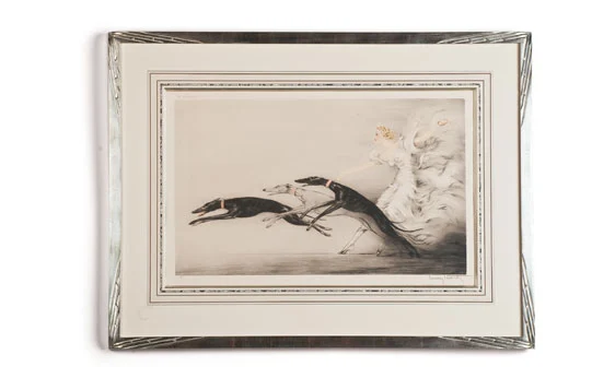 "Speed II" by Louis Icart (1880-1950). A 1933 etching signed in pencil and stamped copyright 1933 by L. Icart, mounted in a silvered frame, French matte. 36x27 inches.