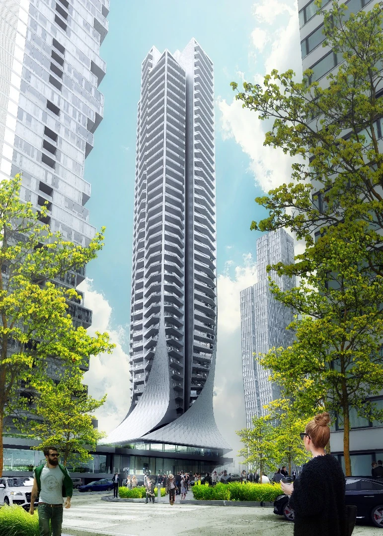 The Bora Residential Tower's design is quite interesting and its base tapers and includes tall swirling canopies