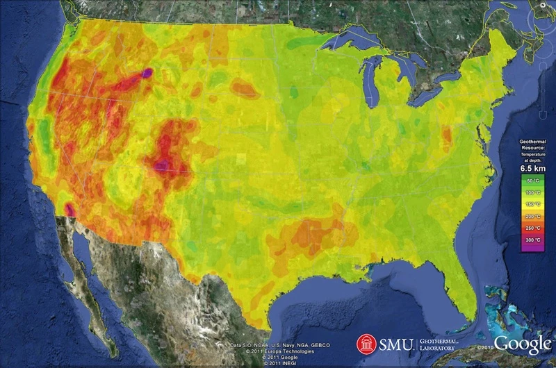 Snap of Google Earth U.S. geothermal resource map based on SMU research