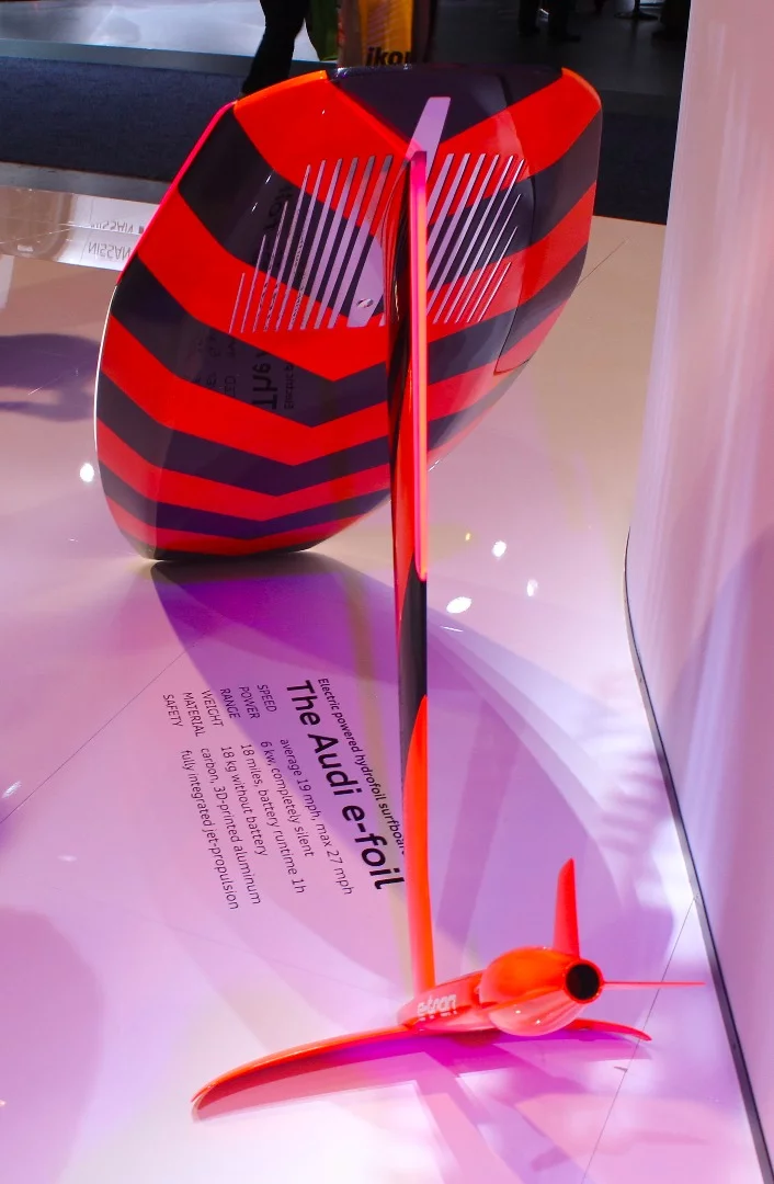 Audi's e-foil is capable of speeds up to 27 mph (43.5 km/h), slightly faster than the other prototype electric hydrofoil board shown at CES, the Waydoo Flyer