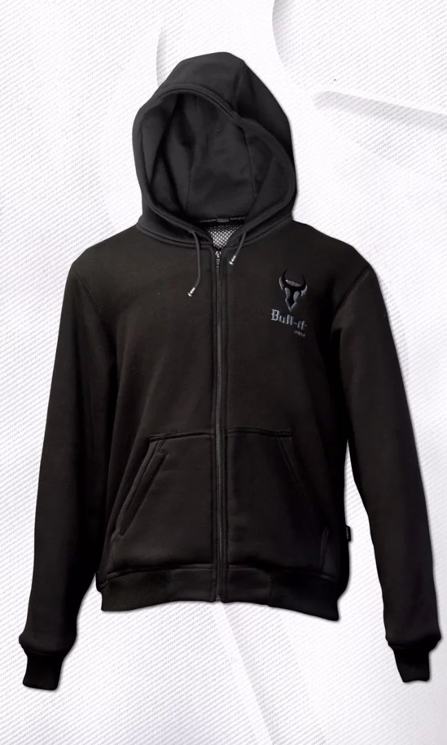 The front of a Bull-it Jeans armored hoodie; outside it looks like a typical hoodie, inside is a protective lining made from Covec