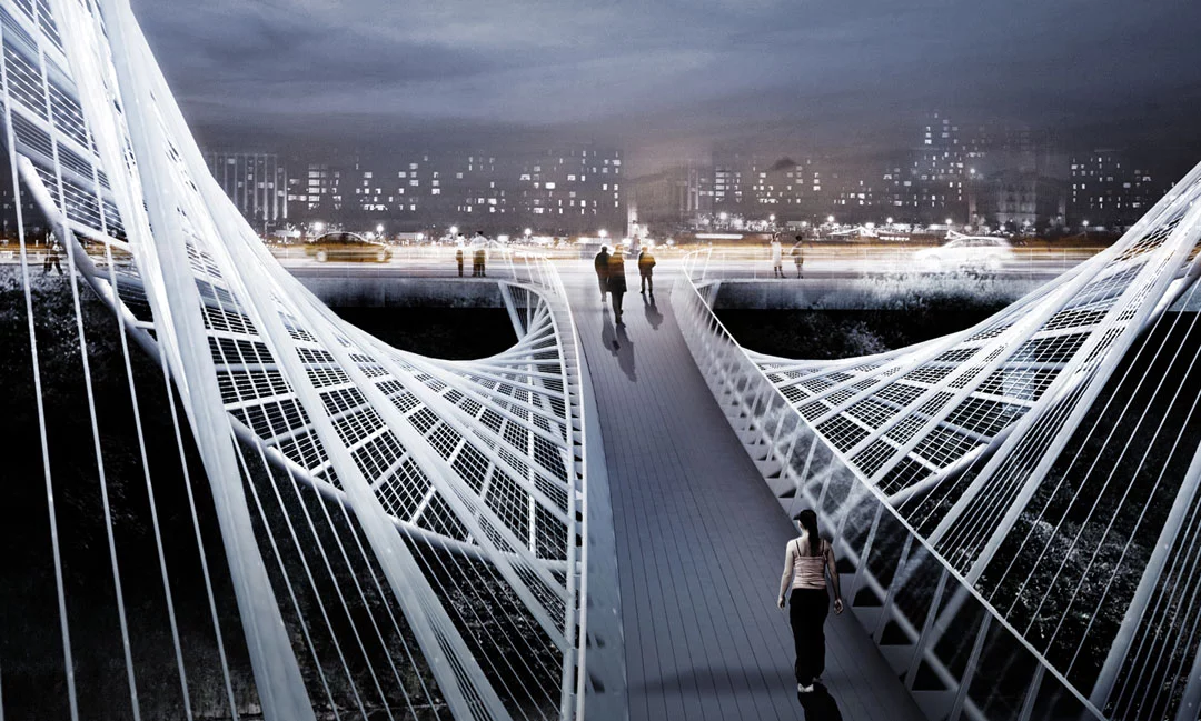 Two thirds of the bridge is suspended in order to span the entire width of the River Irwell, while the final third is supported by column (Image: penda)