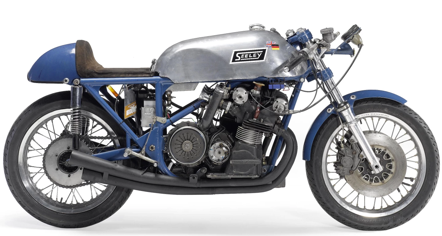 This is the prototype 1967 Seeley-URS 500cc factory racer, raced by John Blanchard and Tony Jefferies, built by Colin Seeley Racing Developments in collaboration with German sidecar racer and engine builder, Helmut Fath. It sold for GBP£76,300 (US$122,011) at Bonhoms' Staffordshire sale in 2010.