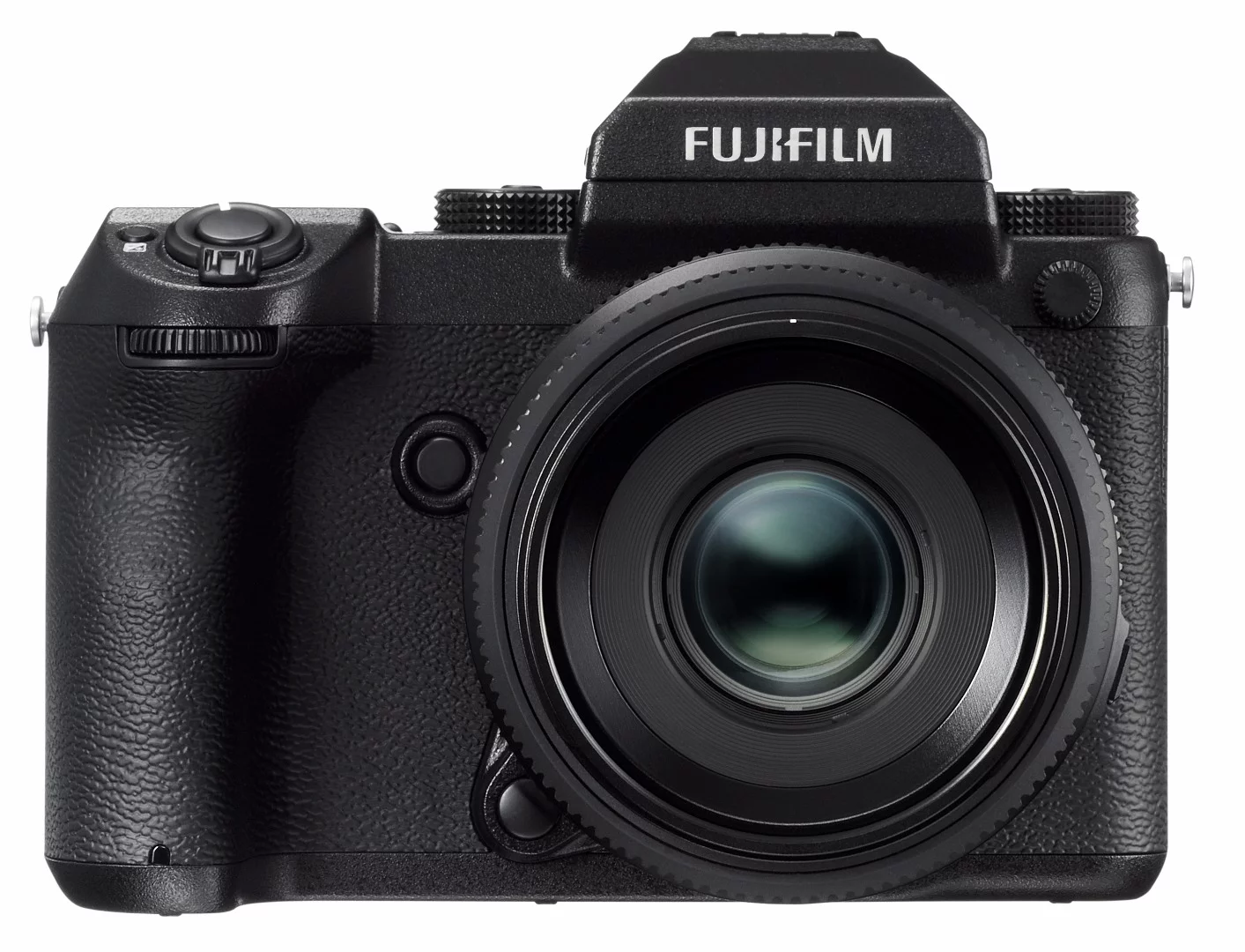 The front of the Fujifilm GFX 50S mirrorless medium format camera