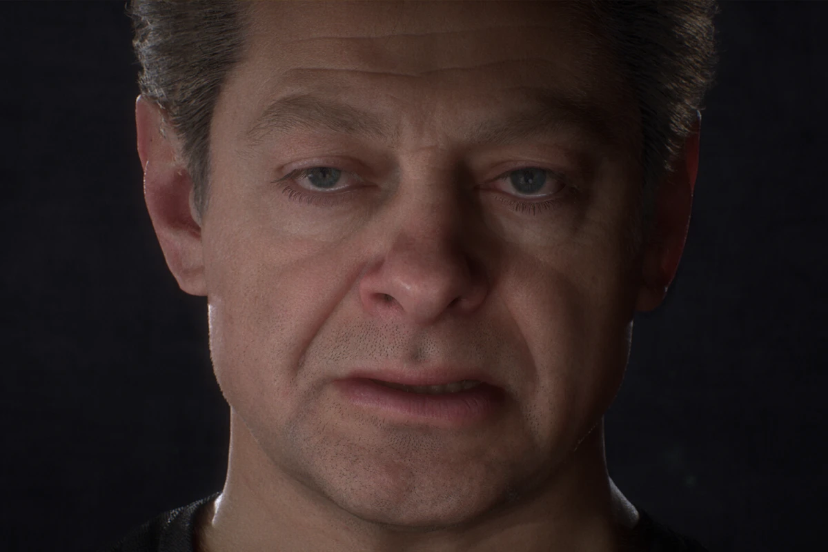 A computer-generated Andy Serkis demonstrates the latest advance in photorealistic digital avatars