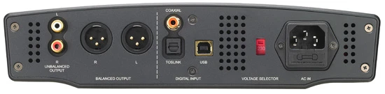 There's a USB-B connector, Toslink and Coaxial digital inputs, two XLR connectors and stereo, coaxial analog outputs to the rear of the unit
