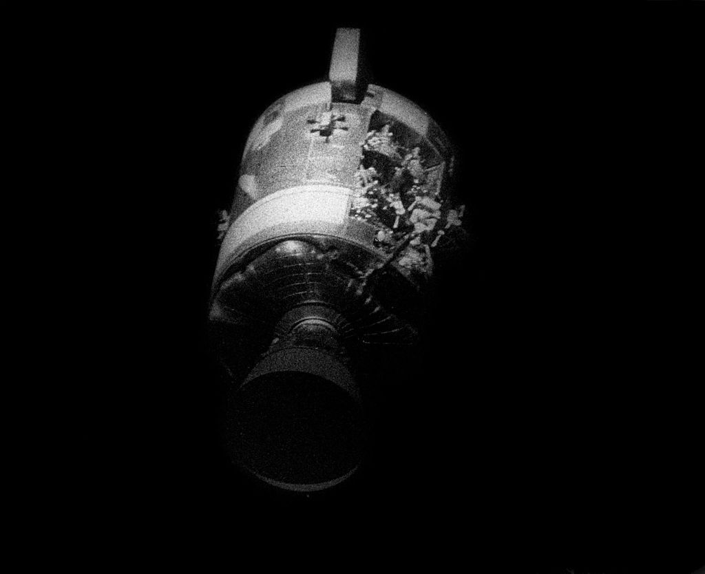 Jettisoned Service Module showing explosive damage