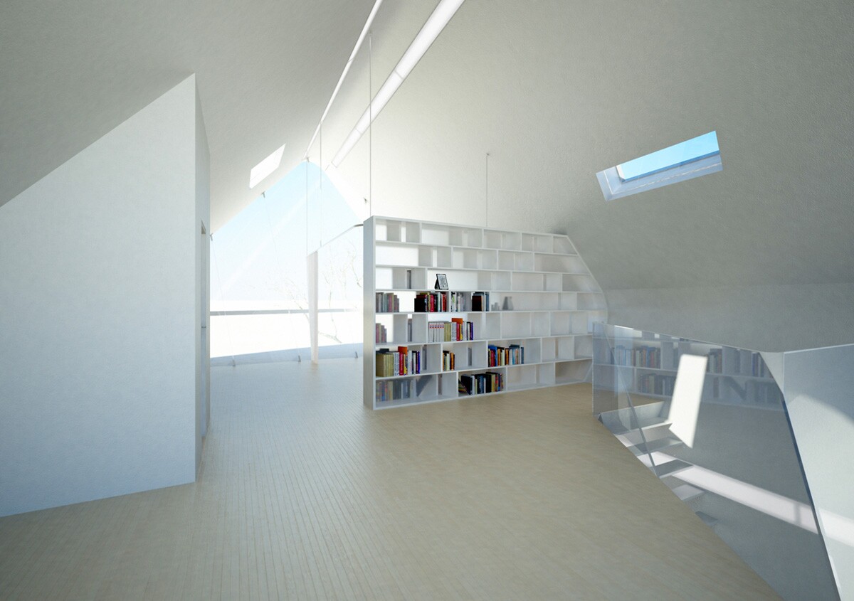 The interior design is left quite minimal, with open clean spaces and living spaces only separated by bookshelves or curtain dividers (image from Violent Volumes)