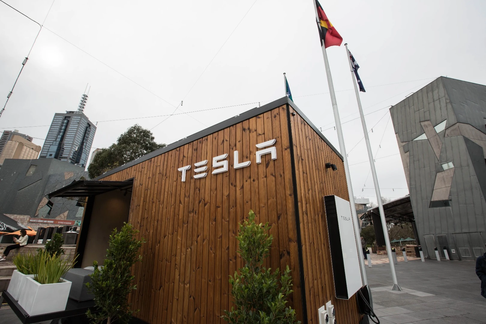 The Tesla name is being displayed loud'n'proud on the side of the touring tiny home
