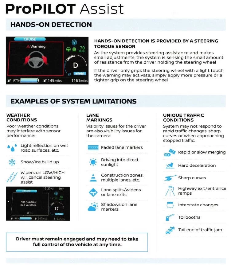 Nissan's brochure explaining ProPilot Assist to new vehicle buyers makes no bones about the system's limitations