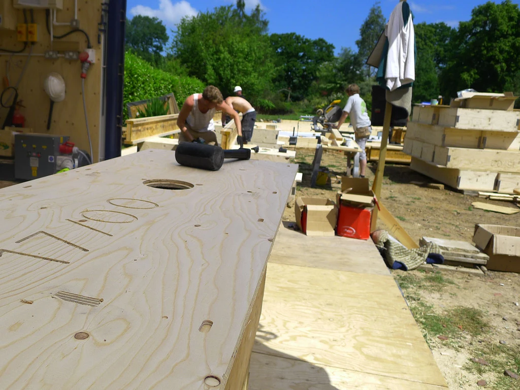 Components are usually made from engineered spruce ply and are light and easy enough to then be assembled together on site