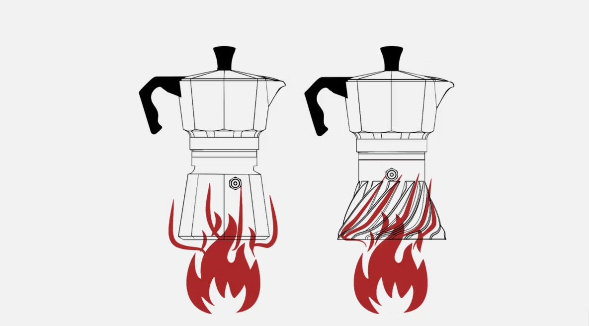 Traditional moka pot versus Turbo Moka pot design