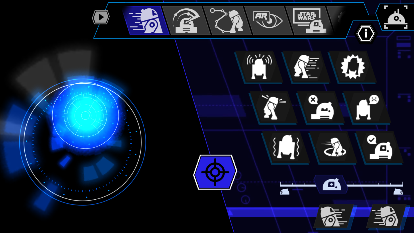 On the left is the virtual joystick that drives the droids, and on the right are the Emote buttons, which will make the robot dance, light up and make noises