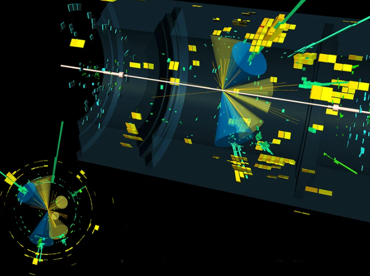 A model of a collision at the Large Hadron Collider that produces a Higgs boson