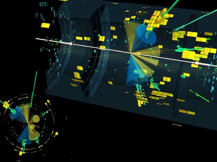 Un modelo de una colisión en el Gran Colisionador de Hadrones que produce un bosón de Higgs