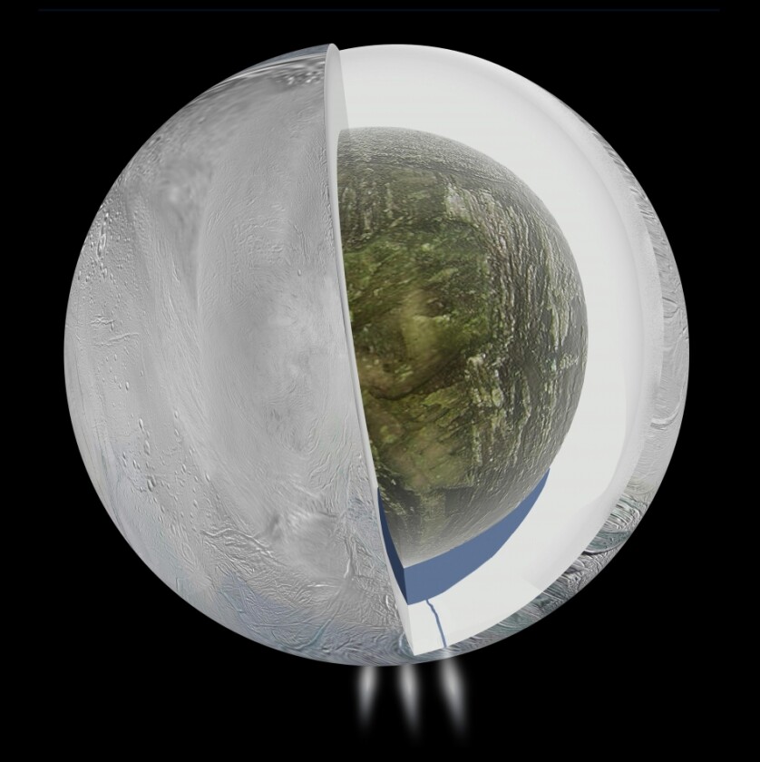 A cross section of Enceladus, with the subsurface sea depicted at the southern pole (Image: NASA/JPL-Caltech)