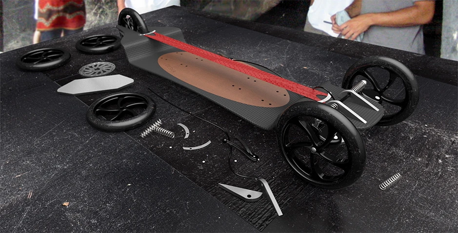 A "footbelt" strap runs longitudinally down the middle of that platform, allowing riders to cinch their feet in underneath