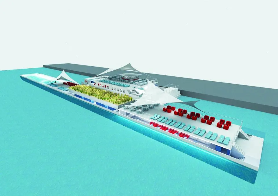 Though the main feature is clearly the 40-meter (131-foot) long pool itself (which, come winter, will be put to more seasonal use as an ice rink), the facility will include two events venues, a restaurant, cocktail bar (in the ferry's converted bridge), not to mention the various exterior decks and terraces