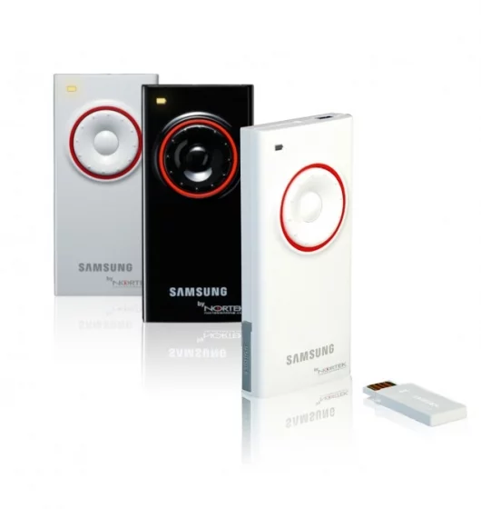 The Nortek Duplus mini wireless presenter/mouse, co-designed by Samsung, comes in piano finish white, black and silver