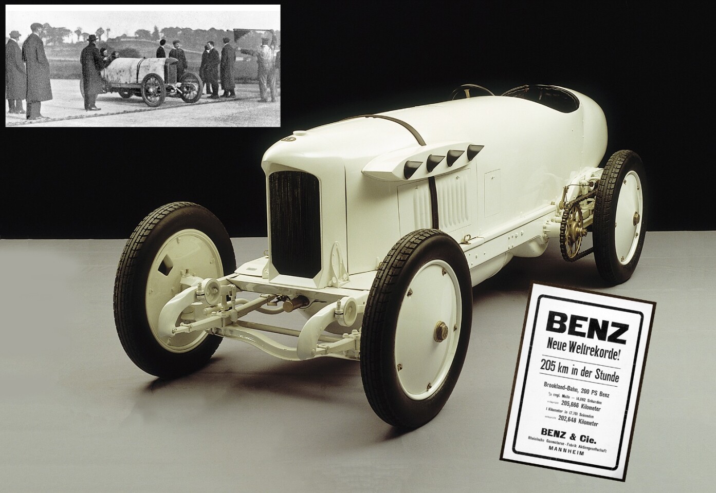 The Blitzen-Benz was built specifically to establish new speed records and at its heart was a 21.5-liter four-cylinder engine producing 147 kW. Victor Hémery took the Blitzen Benz to Brooklands racetrack in England on 8 November 1909 and ran 205.666 km/h for the flying half-mile and 202.648 km/h for the flying kilometer with the speed electronically timed to 1000th of a second for the first time.
