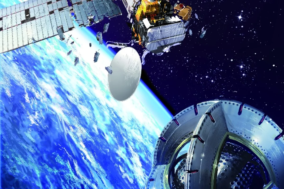 Artist's concept of a magnetic tug nearing a derelict satellite