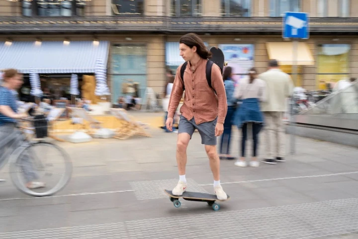 Designer Alexis Chabat takes the Liquid Skateboard for a spin