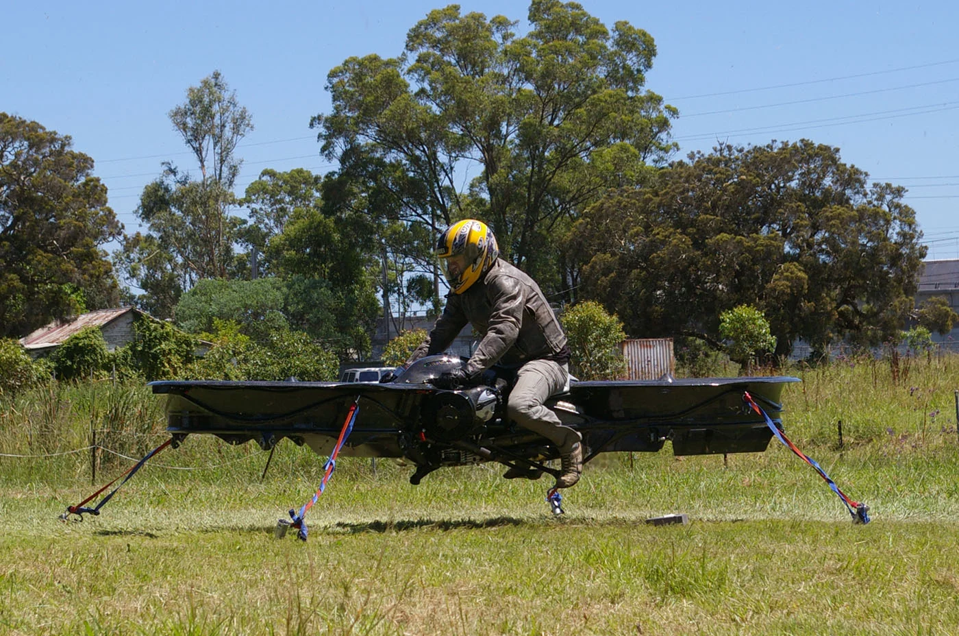 The Hoverbike prototype lifts off in a tethered flight test