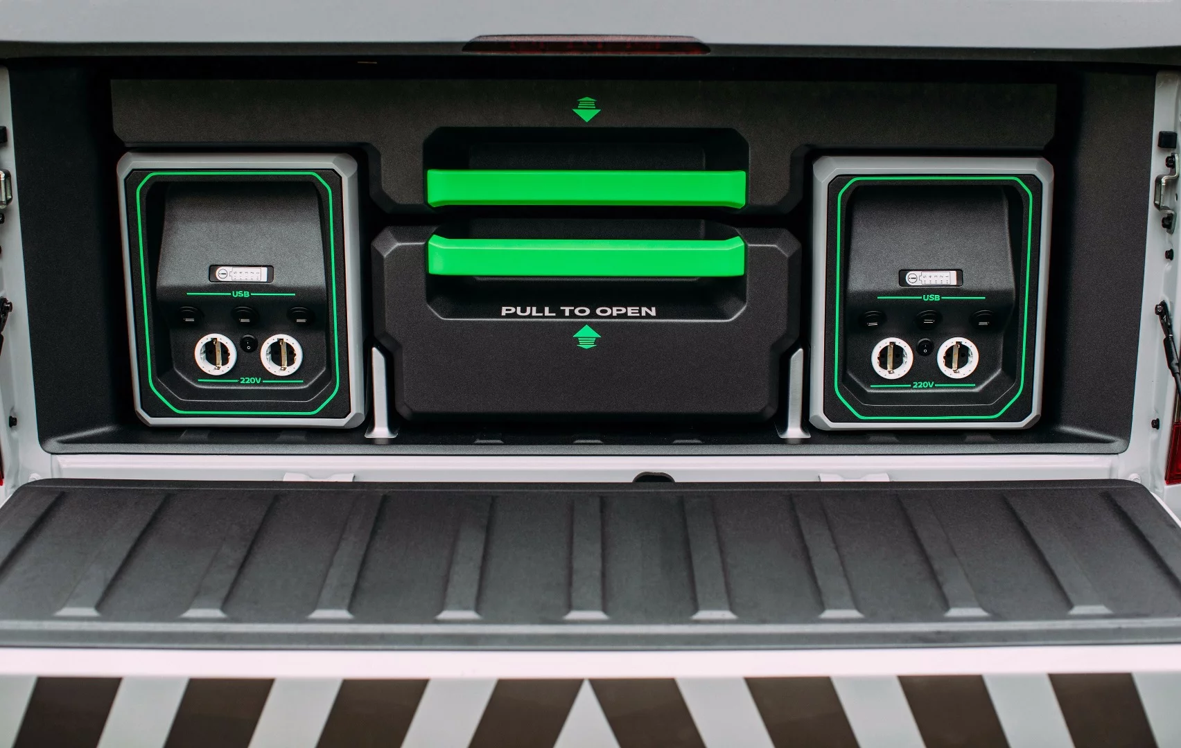 The battery packs nest neatly and charge from power provided by the 2.3-liter engine