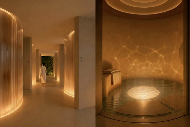 What the spa is expected to look like, including body-scanner platform positioned over a pool of water