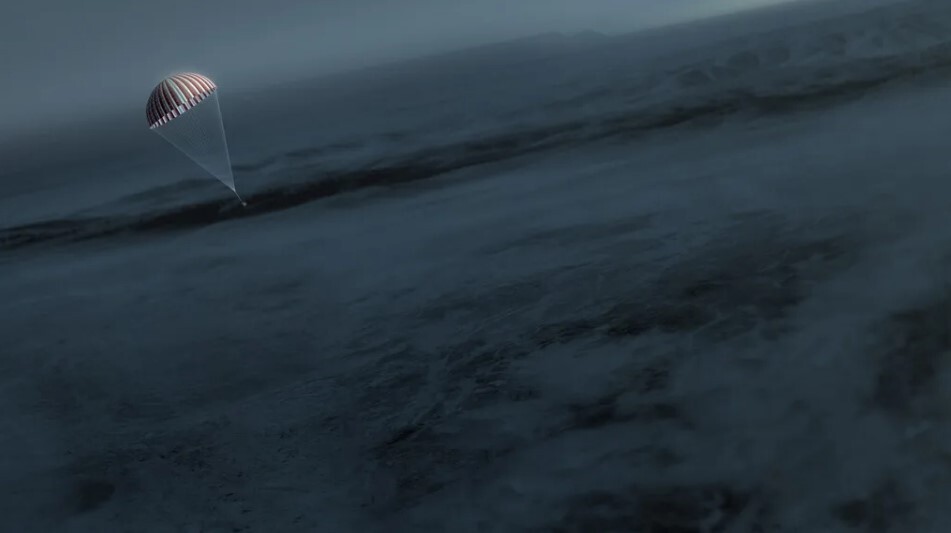 Artist's concept of the sample return capsule parachuting down
